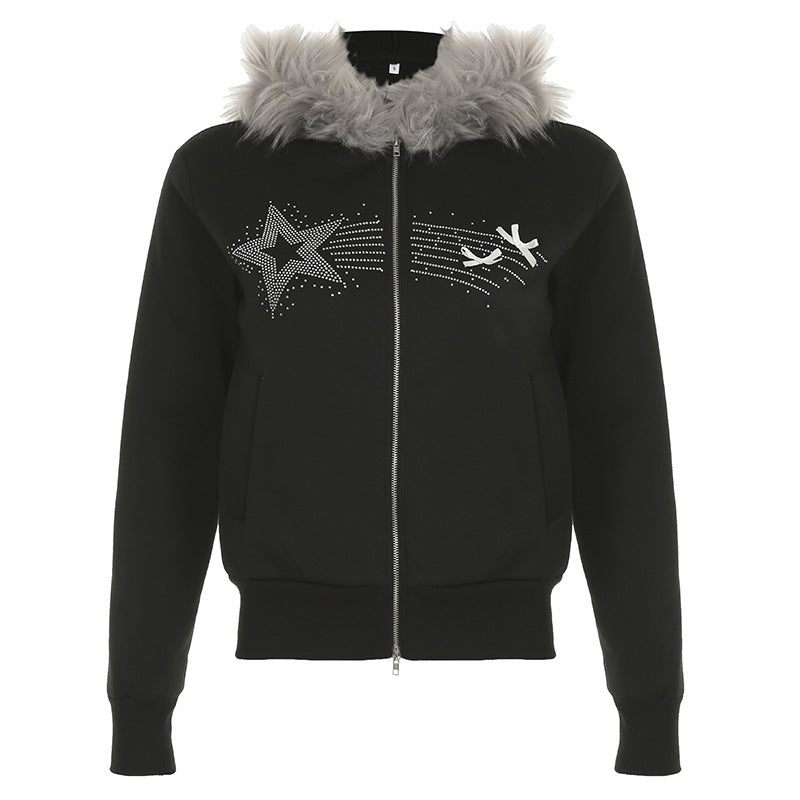 Sudadera con cuello de piel y estampado de estrella de cinco puntas estilo retro, con costuras de bolsillo finas y cremallera de doble cara para otoño e invierno.
