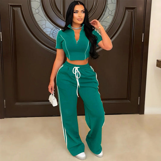 Casual Two Piece Set Women Zipper T shirt Shory Top with Loose Trousers