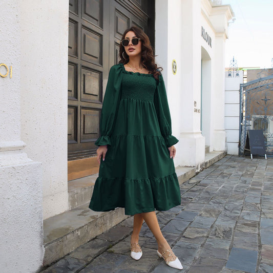 Smocking Dress Ruffled Square Collar Flared Sleeve Layered Large Swing Dress Women Women Clothing