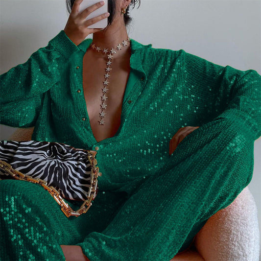 Conjunto de tres piezas formado por camiseta y pantalón de pierna recta y escote en V, para mujer, de manga larga y lentejuelas, para fiesta, primavera y verano