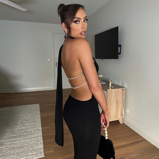 Women Clothing Autumn Shoulder Personality Halter Sexy Backless Elegant Dress