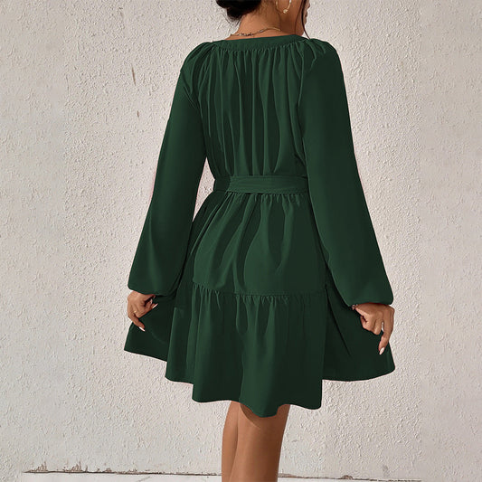 Women Clothing Spring/Summer Loose Casual Waist Tight Long Sleeve Ruffled Dress