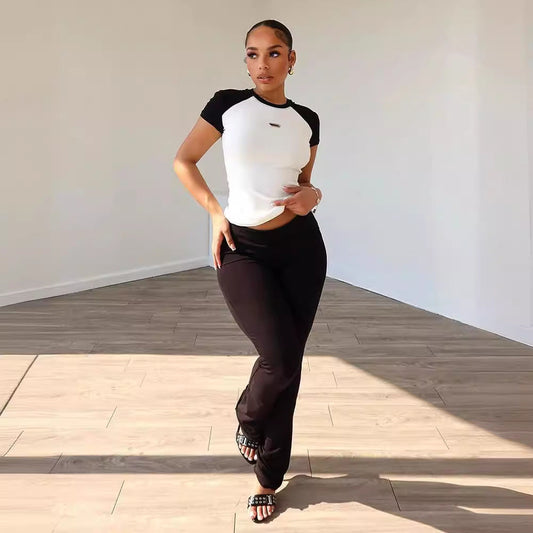 Conjunto de dos piezas de ropa para mujer, primavera y verano, color a juego, para deportes, baile, fitness, yoga, manga corta y pantalones