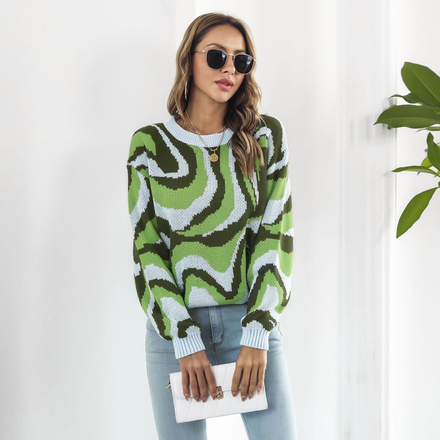 Suéter de brocado teñido anudado para mujer, suéter holgado de punto informal de manga larga para otoño e invierno.
