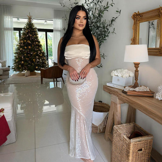 Sexy Tube Top Dress Satin Stitching Sequined Fishtail Dress Women Dress