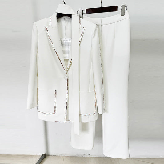 Conjunto de dos piezas de blazer holgado con bufanda y pantalones