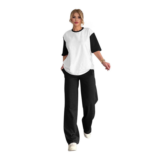 Conjunto de dos piezas formado por camiseta de manga corta y pantalones anchos, informal, con cuello redondo y contraste de colores para verano