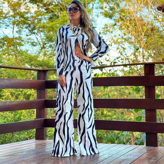 Traje de mujer, camisa estampada, pantalones anchos de primavera y otoño, traje informal de dos piezas para mujer