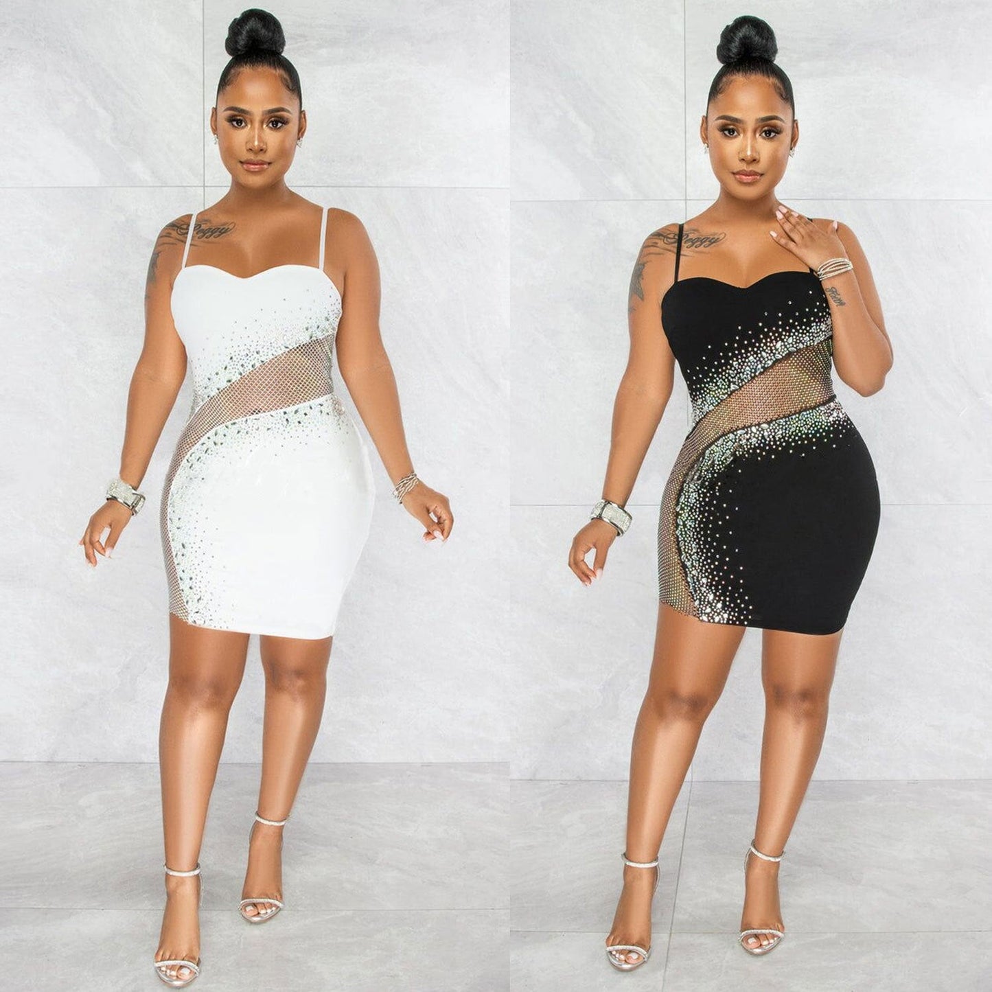 Vestido sexy ajustado de malla con tirantes de diamantes de imitación