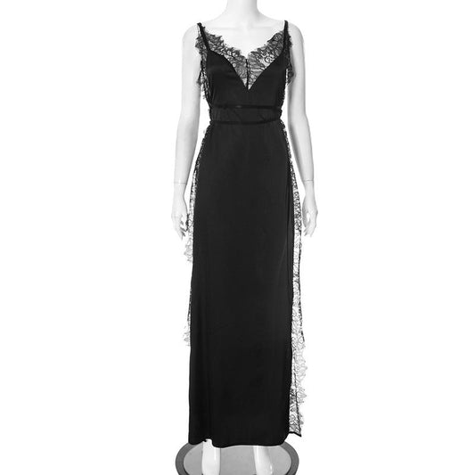 Vestido sexy de primavera y verano con escote en V y encaje de color liso para mujer