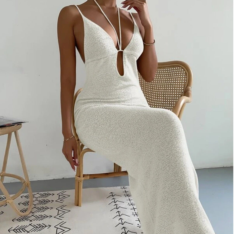 Vestido maxi sexy con escote halter, tirantes finos y encaje para mujer