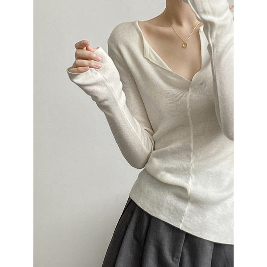 Suéter abierto con cuello en V francés, prenda interior de primavera, elegante top ajustado de manga larga