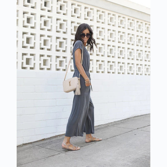 Mono informal de primavera y verano con cintura elástica y escote en V y pierna ancha para mujer