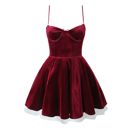 Women Velvet Three Layer Three Dimensional Steel Ring Lace Splicing Sling Dress