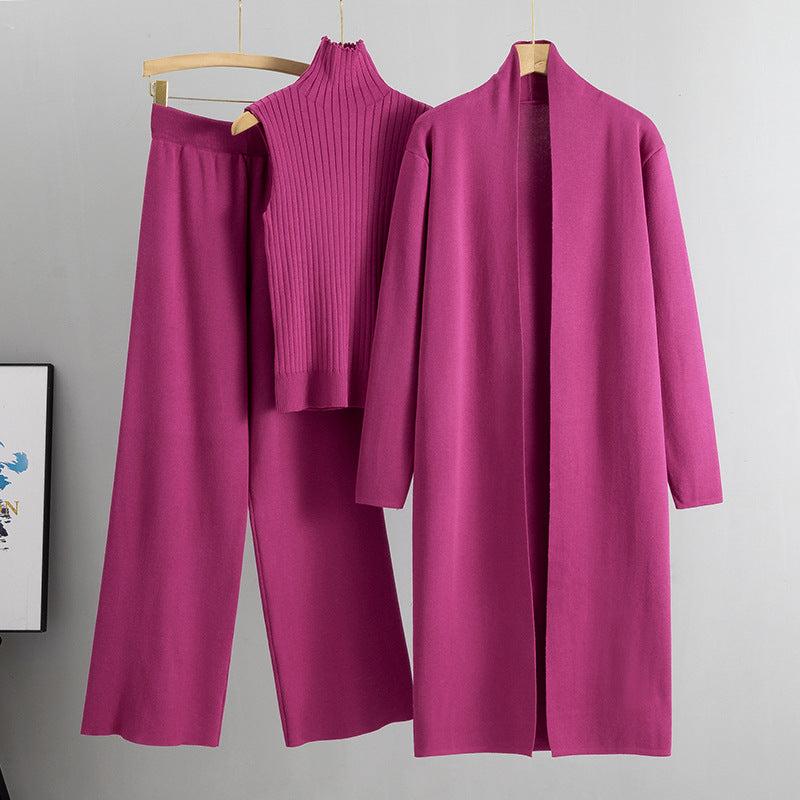 Conjunto de tres piezas de primavera para mujer, traje de punto holgado, cárdigan con chal largo y cuello alto, chaleco y pantalones de pierna ancha