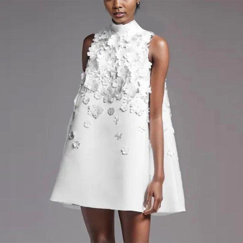 Vestido corto holgado con cuello alto, elegante y elegante, sin mangas, con estampado floral tridimensional y cuentas para mujer