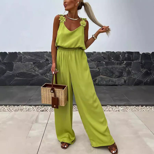 Mono informal holgado con bolsillos y tirantes para mujer, sin mangas, para primavera y verano