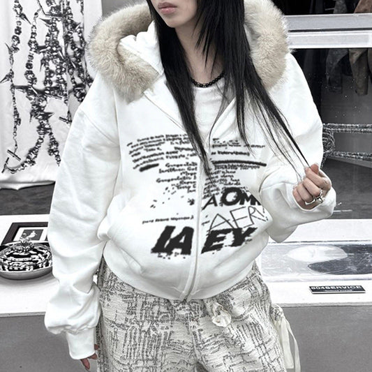 Cárdigan con capucha y costuras peludas con estampado gráfico de letras sencillas retro para otoño e invierno, sudadera térmica de terciopelo