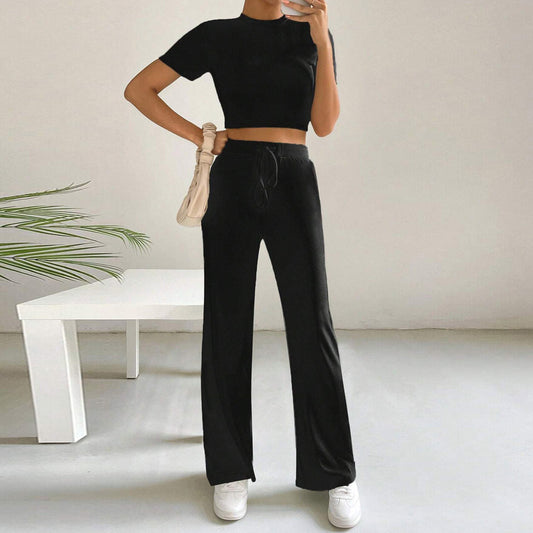 Conjunto de dos piezas de pantalones de pierna ancha y cintura alta de manga corta de punto ajustado para mujer