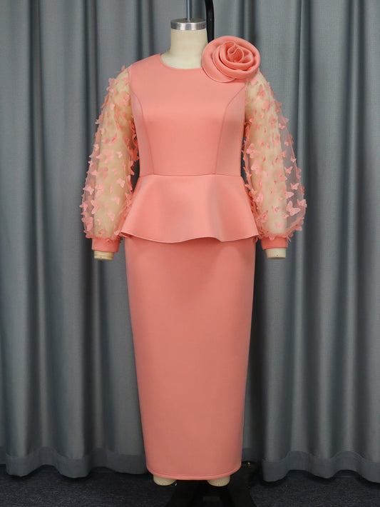 Party Cocktail Pink Dress Fashionable See through Sleeve High Waist Dress