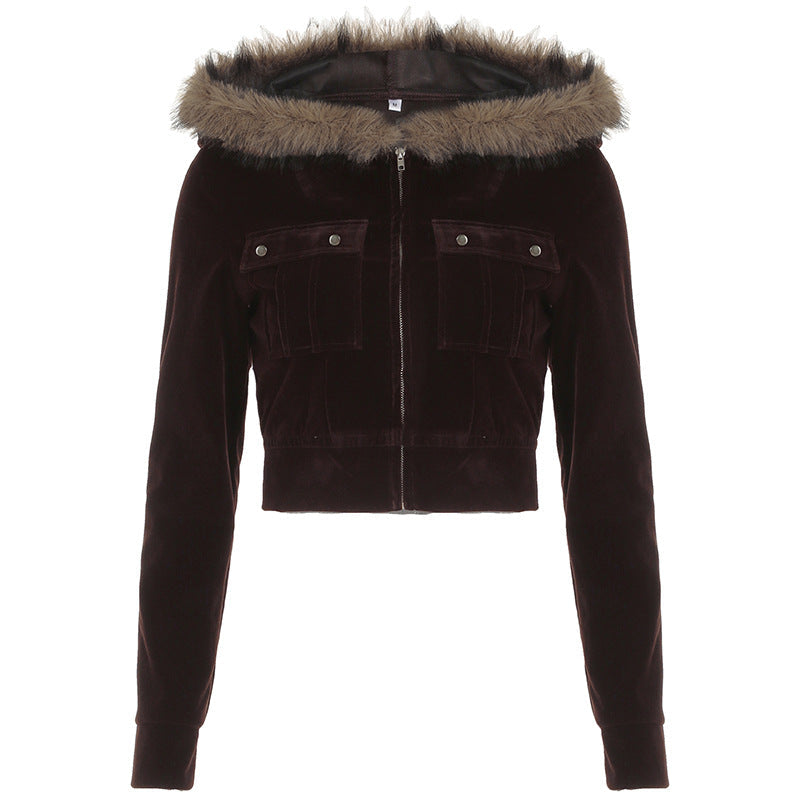Chaqueta tipo cárdigan con capucha y cremallera con costuras de piel para mujer, diseño de bolsillo, abrigo de terciopelo sexy de color liso para otoño e invierno.
