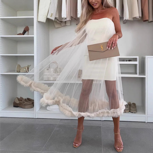 Vestido informal holgado de malla con escote en V y vuelo amplio para vacaciones de primavera y verano