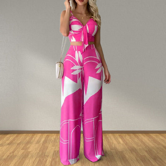 Conjunto de ropa de verano para mujer, top sexy de tubo con cordones, pantalones anchos y sueltos con estampado