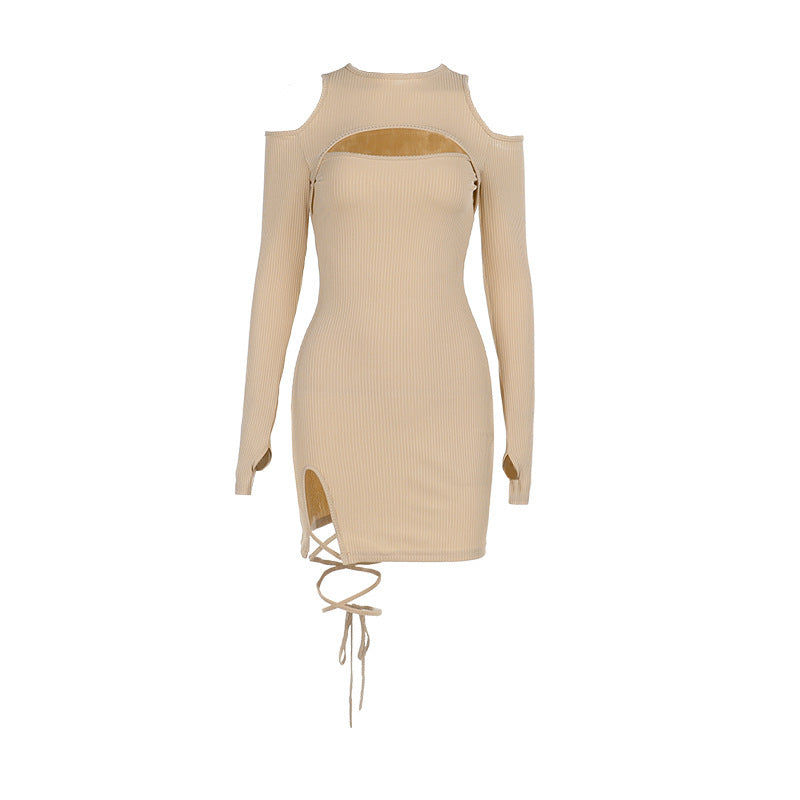 Vestido de otoño sexy ajustado a la cadera con cordones y aberturas para mujer