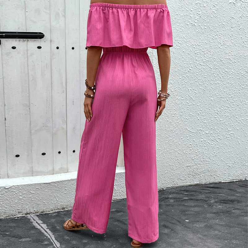 Pantalones de verano de pierna ancha con hombros descubiertos, color liso, mono