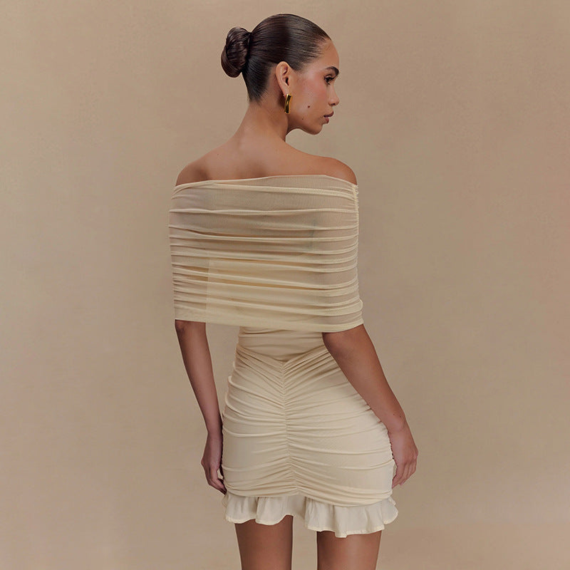 Vestido ajustado sin tirantes con volantes en la cadera y malla para mujer