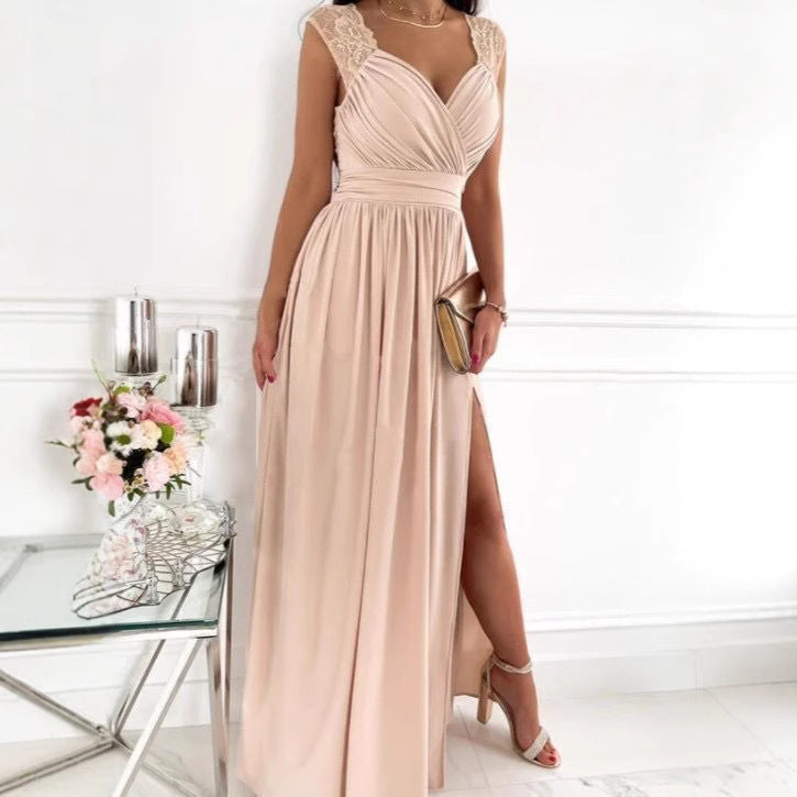 Vestido de mujer sin mangas con espalda descubierta, color liso, dobladillo ancho y abertura