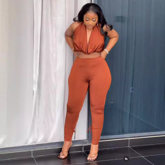 Solid Color Stretch Halter Backless Top Trousers Two Piece Set