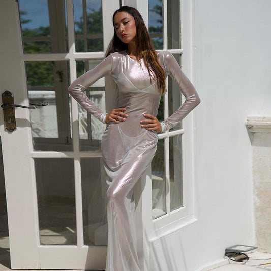 Vestido tubo de otoño invierno para mujer, cuello redondo, manga larga, sexy, transparente, cintura alta, favorecedor.