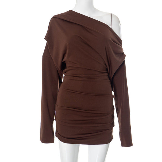 Women Sexy Mature Solid Color Long Sleeve off the Shoulder Upper Body Loose Short Dress
