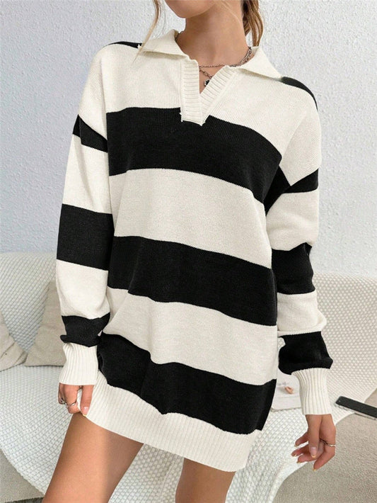 Suéter de lana adelgazante suelto con rayas de colores contrastantes para otoño e invierno