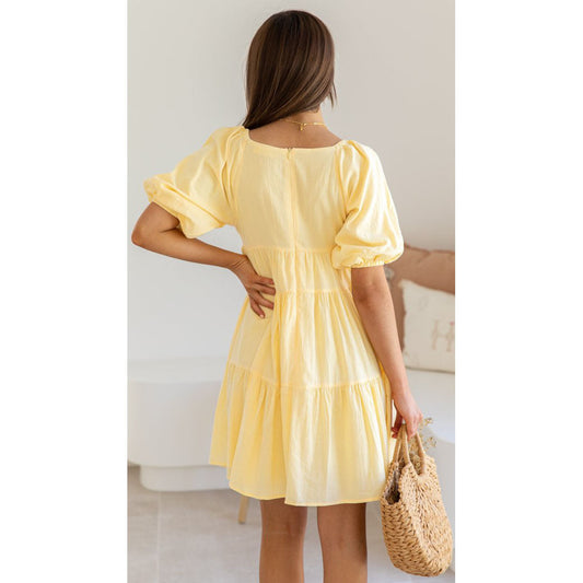 Vestido mini informal con escote en V y mangas abullonadas para mujer, primavera y verano