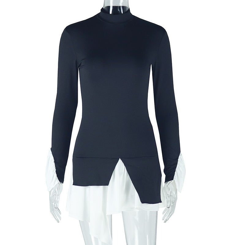 Vestido corto de dos piezas con cuello alto y mangas acampanadas, corte A, dulce y fresco, para mujer