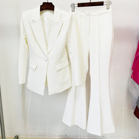 Traje de tela de un botón de longitud media, pantalón acampanado, traje de dos piezas