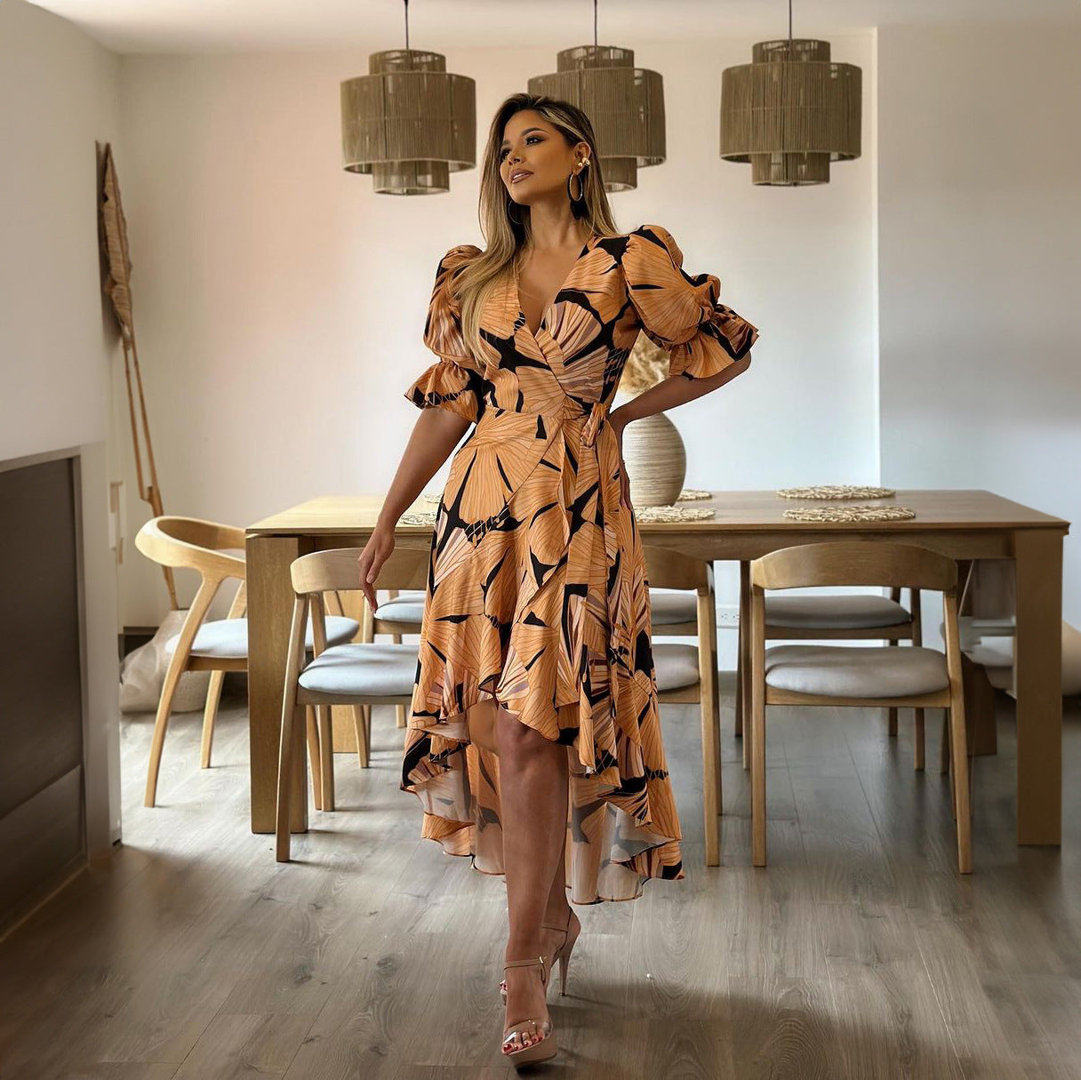 Vestido de una pieza con cuello en V, informal, elegante, estampado, con mangas abullonadas y cordones