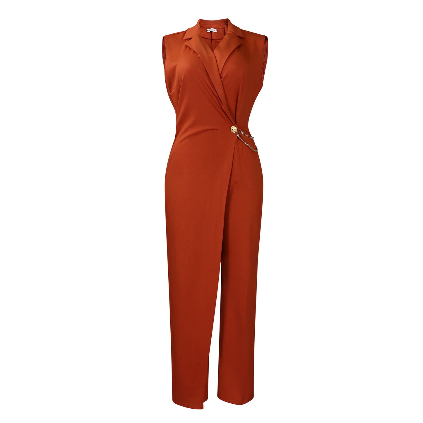 Mono elegante de mujer con cuello de traje elegante, cintura ajustada, cadena, pierna ancha y suelta