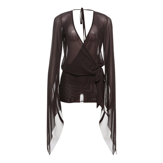 Vestido corto sexy de primavera con escote en V profundo, transparente, sin espalda, con cordones, color liso, para mujer