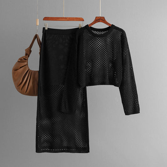 Conjunto de dos piezas de suéter con aberturas y falda larga de verano para mujer