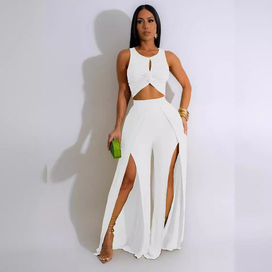 Conjunto de dos piezas de traje informal con chaleco dividido y pantalones de pierna ancha para mujer