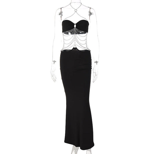 Vestido de otoño-invierno con escote halter, cadena metálica explosiva, con aberturas en el pecho y escote halter para mujer