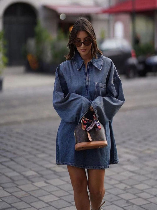 Vestido vaquero con mangas acampanadas y bolsillo de parche con cuello para primavera y verano