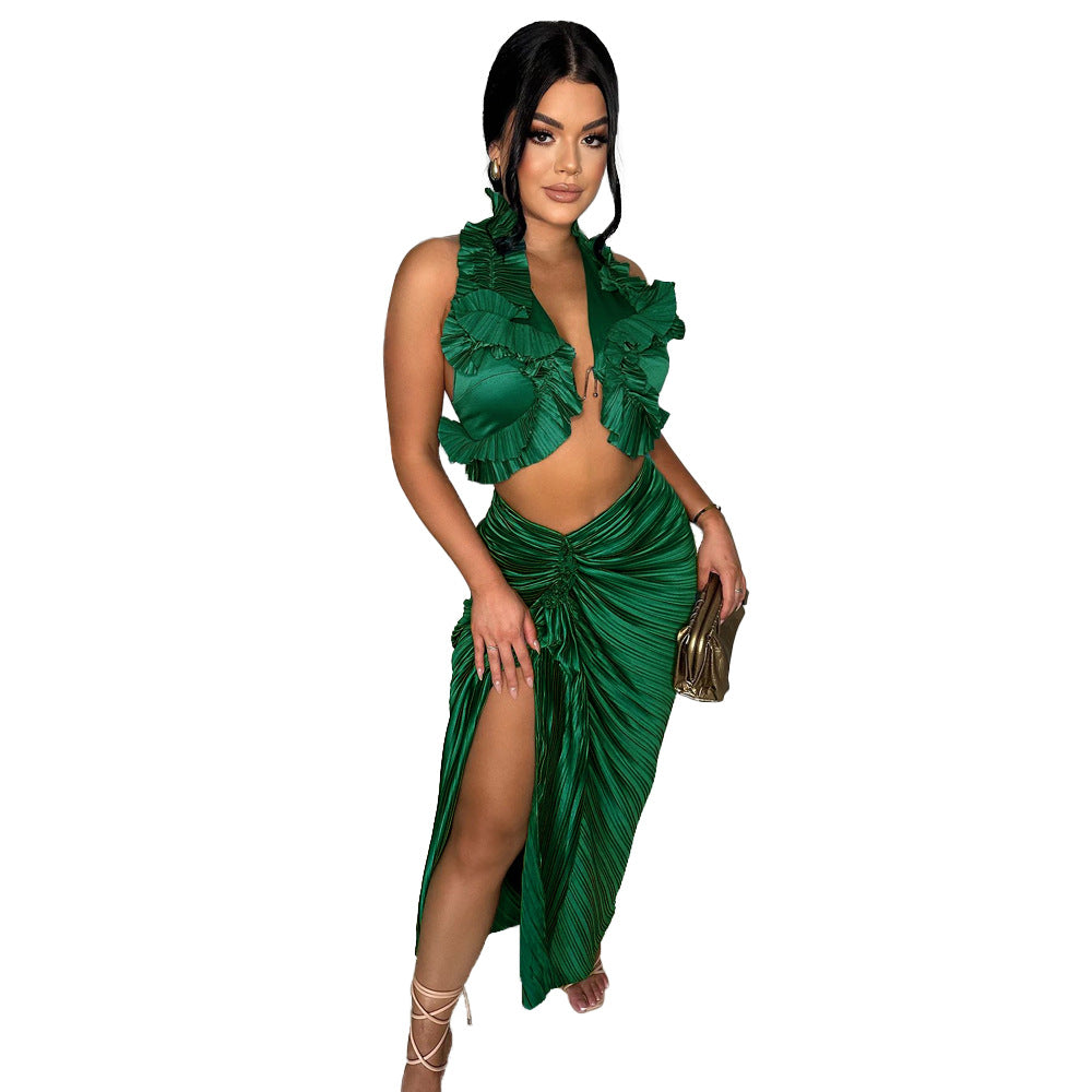 Conjunto de falda plisada con volantes y abertura sin mangas para mujer