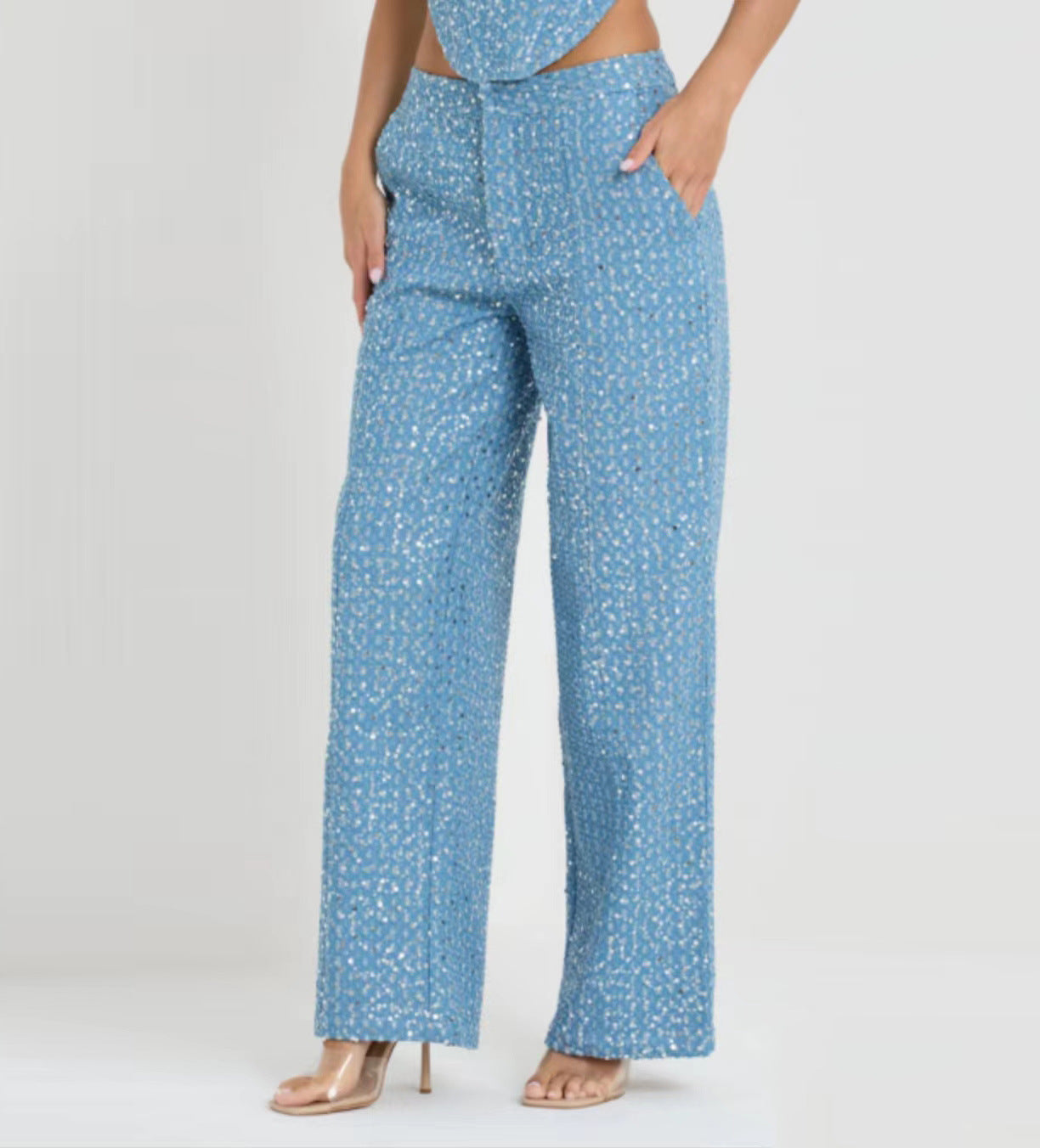 Traje de pantalón de pierna ancha con top de tubo y mezclilla de primavera y verano