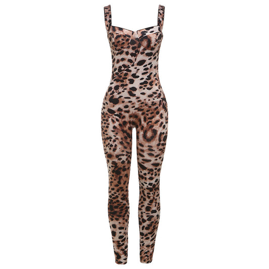 Mono sexy de primavera con tirantes, espalda descubierta, estampado de leopardo, cintura alta, ajustado y levanta caderas