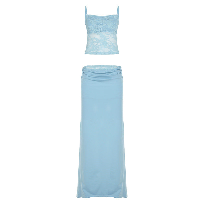 Conjunto de dos piezas para mujer: top de encaje con tirantes finos y falda de cola de pez de satén con costuras, falda tubo de cintura estrecha