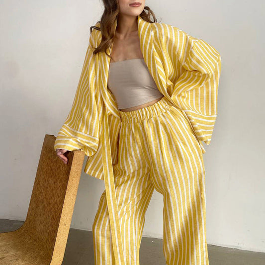 Women’ Clothing Autumn Striped Long Sleeve Loose Lace up Top High Waist Trousers Casual Set